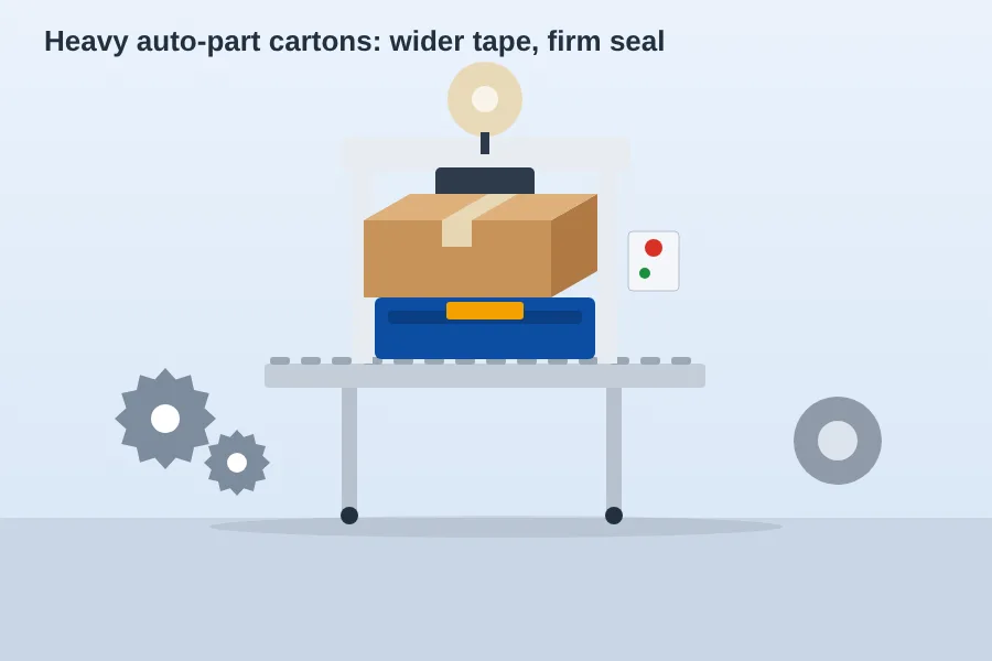 Heavy carton of gears and bearings being sealed on a PackForge carton sealer