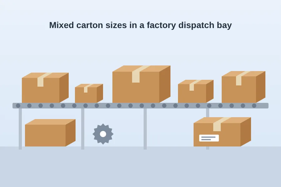 Mixed-size auto parts cartons on a roller conveyor in a factory dispatch area