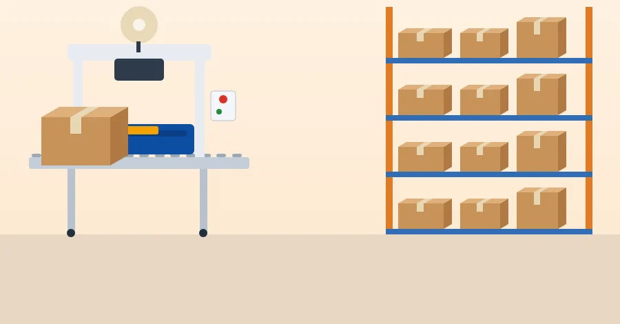 Godown with a carton sealer and racks of sealed cartons