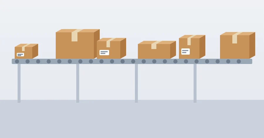 Cartons of many sizes on a long roller conveyor
