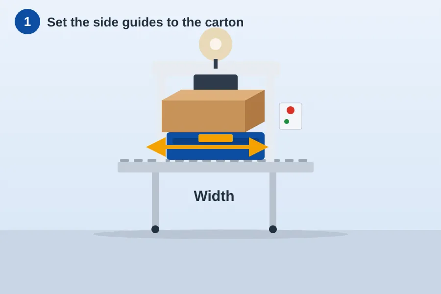 Operator moving the side guides of a carton sealer in to the width of a closed carton