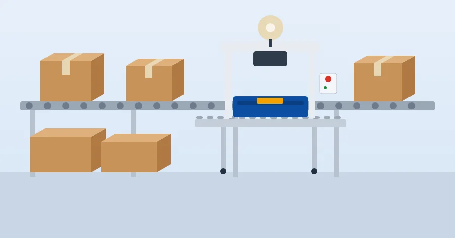 Packing line: cartons on a roller conveyor passing through a carton sealer