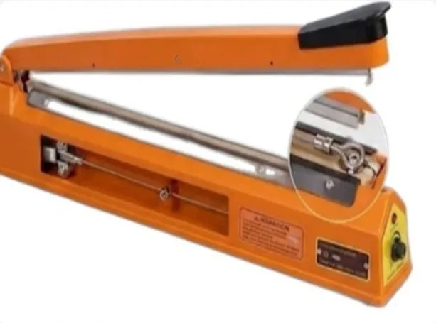 Side view of a PackForge hand impulse sealer showing the heating element, Teflon strip and timer knob