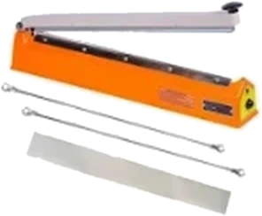 PackForge 20 inch hand impulse sealer sealing plastic pouches on a work table