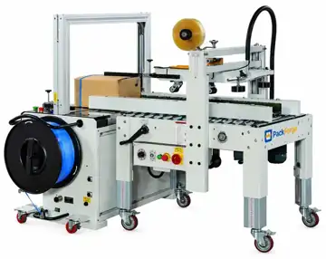 PackForge 102PLS machine that tapes and straps a carton in one pass