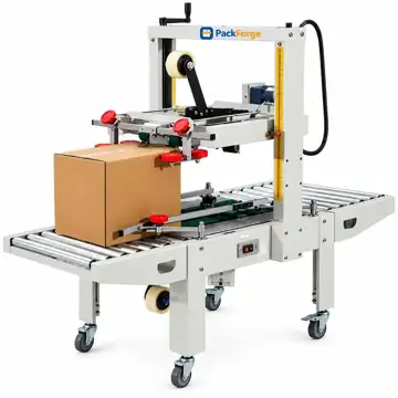 PackForge 102TU carton sealer with a brown carton on its infeed roller table