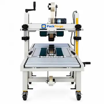 Front view of the PackForge 102TU carton sealer showing the top head, side belts and roller table