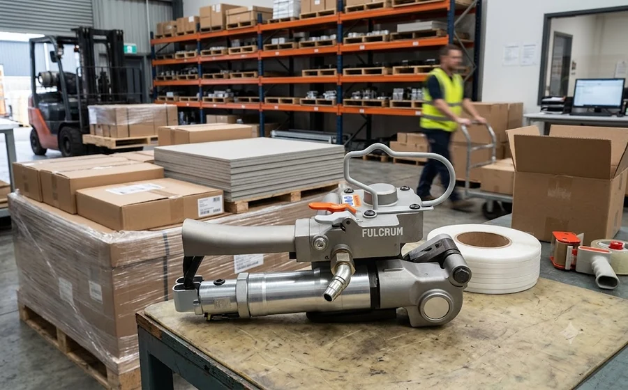 Pneumatic strapping tool used on boxes ready for dispatch