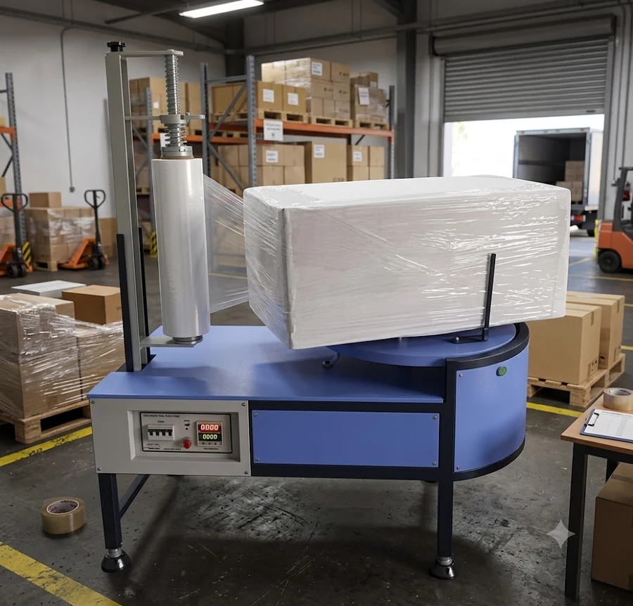 Turntable stretch wrapper wrapping a pallet in a warehouse