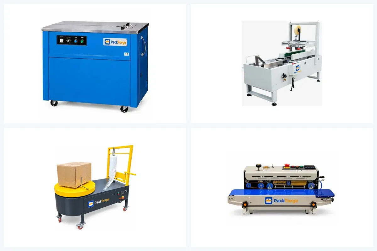 PackForge strapping machine, carton sealer, turntable stretch wrapper and continuous band sealer
